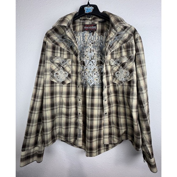 Rock & Roll Cowboy 2XL Brown Plaid Long Sleeve Pearl Snap Button Shirt - Picture 8 of 12